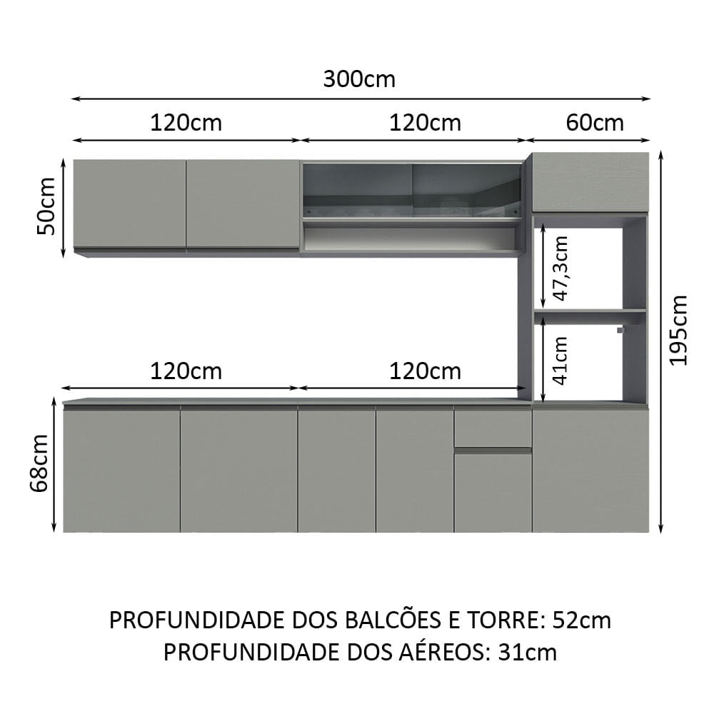 Armário de Cozinha Completa Suspenso 300cm Cinza Nice Madesa