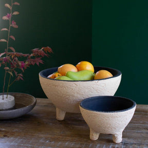 Ivory and Black Textured Footed Clay Bowls (Set of 2)